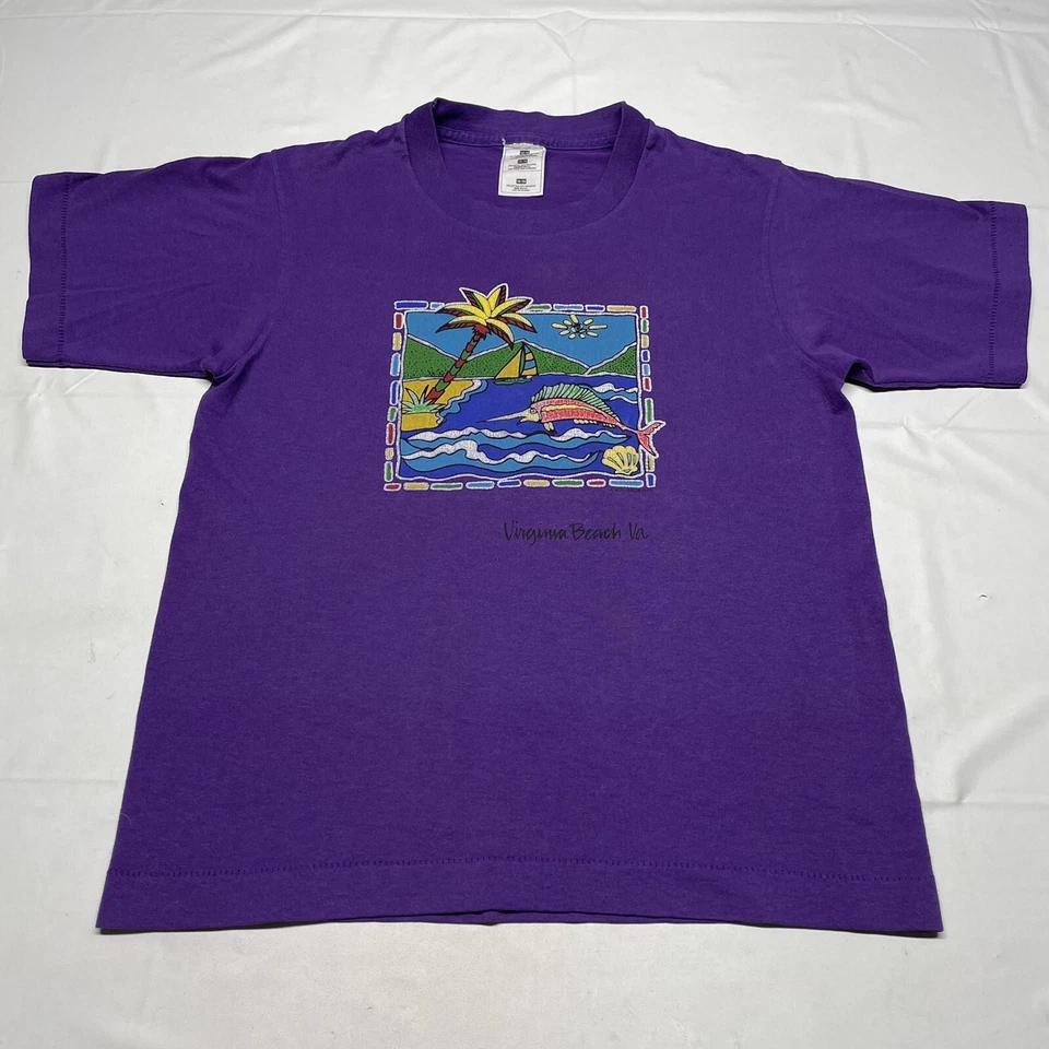 Camiseta De Colección Años 90 Puntada Única Niños Grande Playa Sol Océano Arte Pez Púrpura EE. UU. Foto 2 de 4