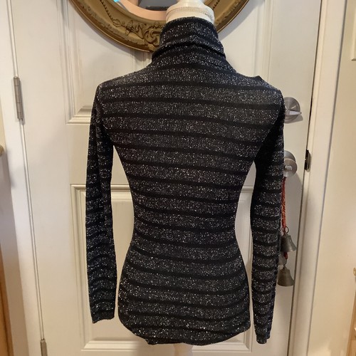 Kenneth Knits thin metallic sliver black stripped cowl turtleneck sweater S/M - Picture 2 of 7
