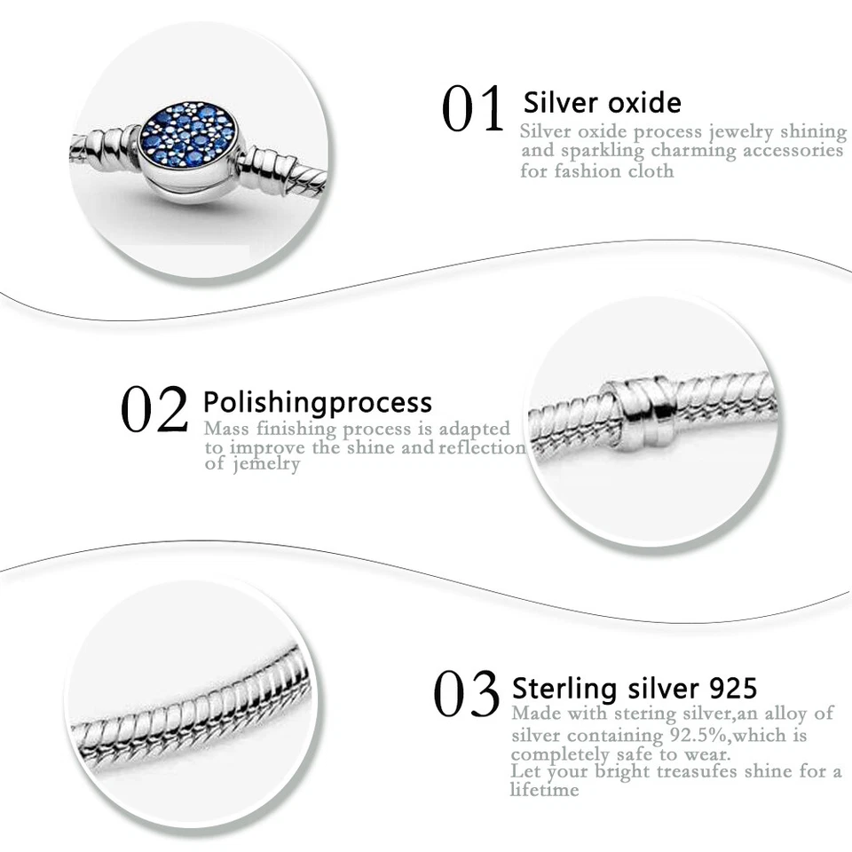 NUEVO S925 Plata Esterlina Momentos Brillante Disco Azul Serpiente Cadena Pulsera Regalo Foto 3 de 3