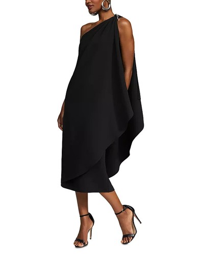 HALSTON Aries Draped One Shoulder Crepe Midi Dress Women's 6 Black Pullover - Picture 1 of 17