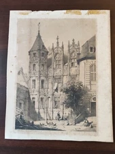 ANTIQUE TINTED LITHOGRAPH- HOTEL BOURCTHEROULDE, ROUEN- BY J. NASH - CA 1838