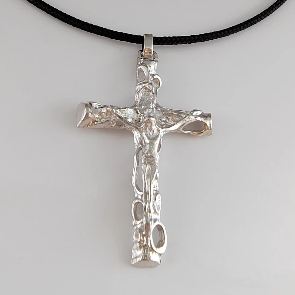 Collana Uomo con Croce in Argento 925 Ciondolo Crocifisso Girocollo Cordino Nero - Immagine 2 di 4