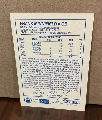 FRANK MINNIFIELD 1989 KENNER STARTING LINEUP CARD - CLEVELAND BROWNS - Picture 2 of 2