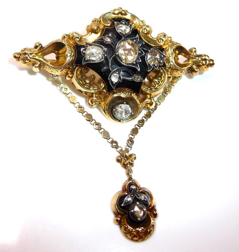 Brosche -antik 585 Gold 1.50 ct Diamanten Rosenschliff - 6,2 cm lang - 10,6gr