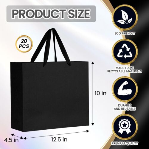 20PCS Large Gift Bags with Handles 12.5"x4.5"x11" Black Thank You Paper Gift ... - Picture 4 of 7