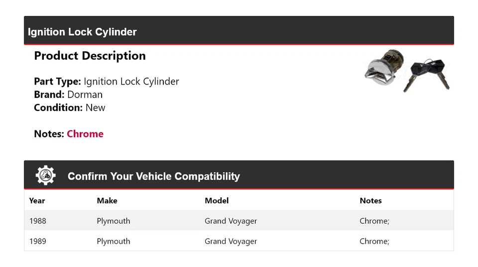 Cilindro de bloqueo de encendido para Plymouth Grand Voyager Dorman 1988-1989 Foto 2 de 4