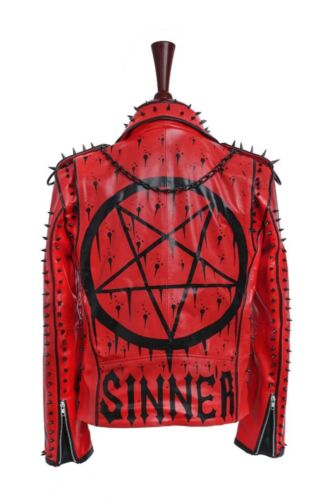 Mens Red Punk Rock Leather Jacket Spiked Sinner Biker Coat Gothic Heavy Metal. - Picture 3 of 7