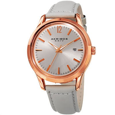 Women's Akribos XXIV AK921GY Silver Sunray Dial With Date On Grey Leather Watch