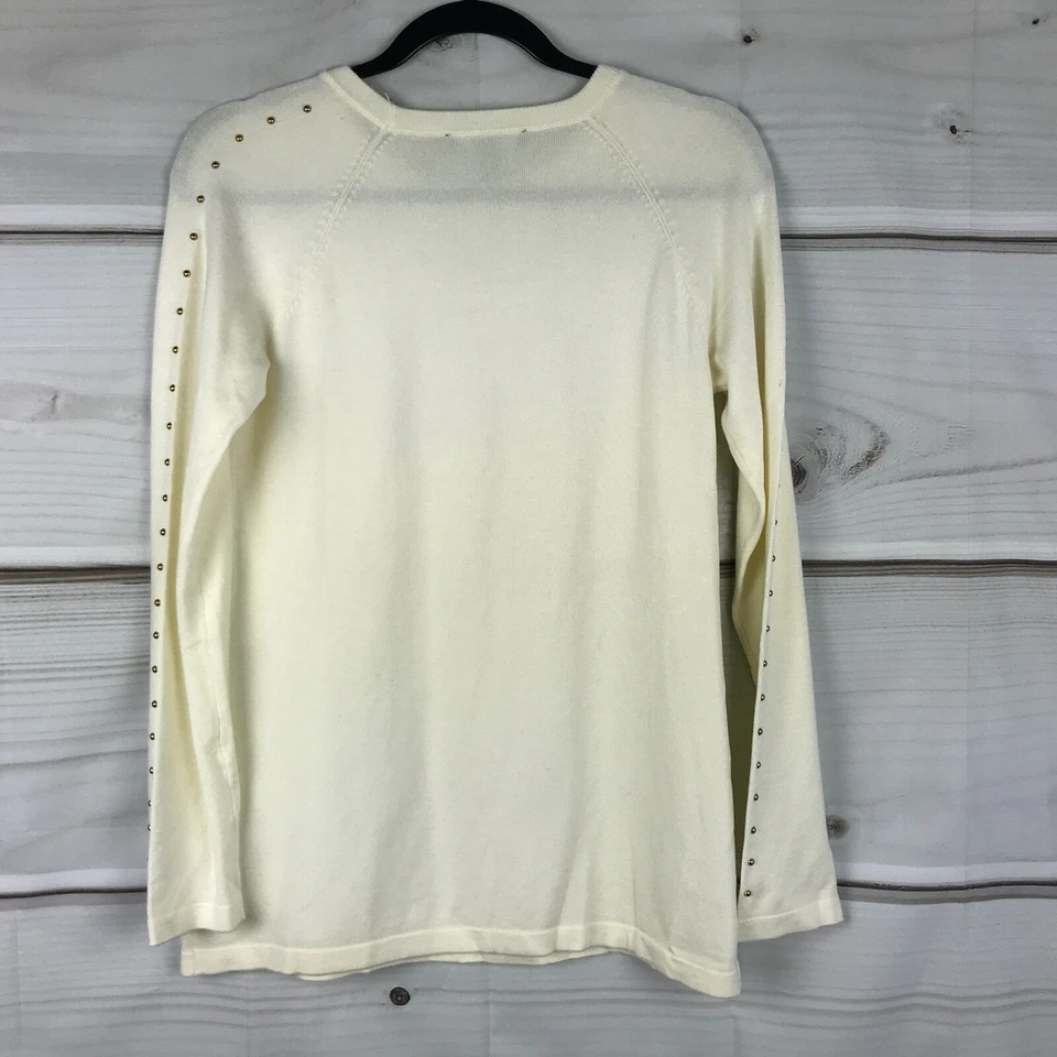 Suéter Dennis Basso Mujer XXS Marfil Cuello Redondo Manga Larga Cuentas Pullover Sólido Foto 3 de 4