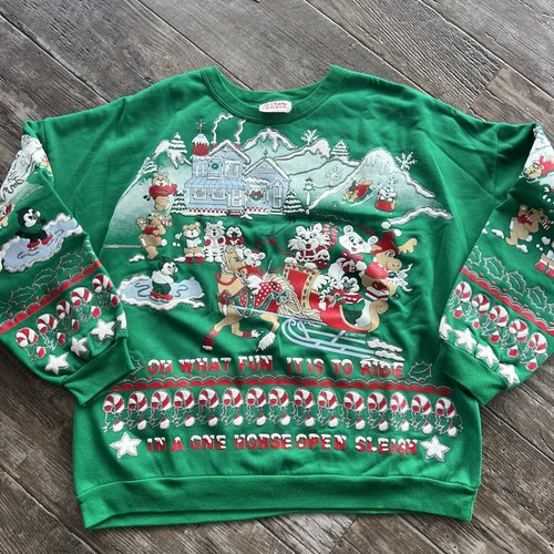 Vintage Green Christmas Nutcracker Holiday Carolers Sweatshirt Crewneck Large