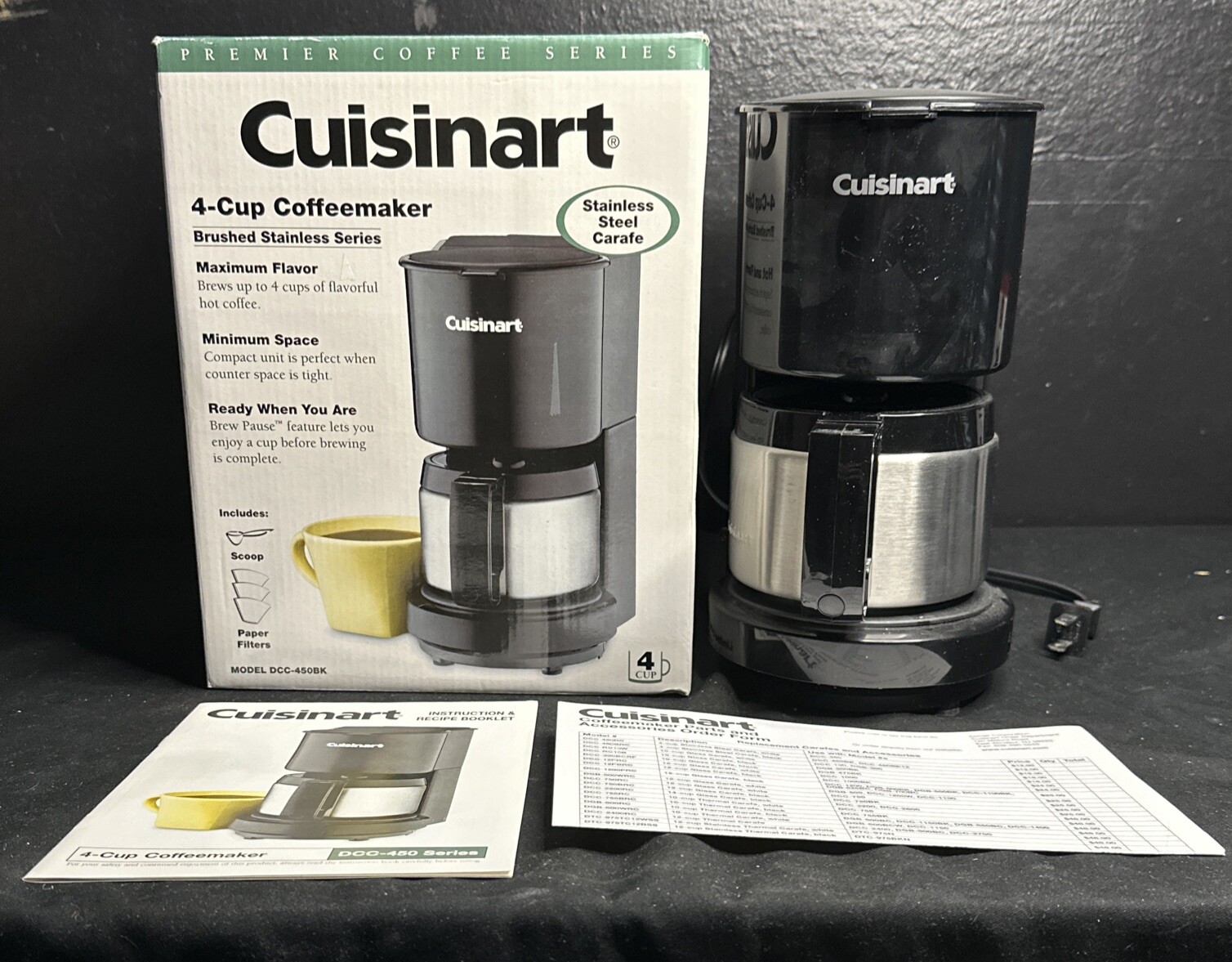 Cuisinart Coffee Maker DCC450BK Stainless Steel Carafe Box and