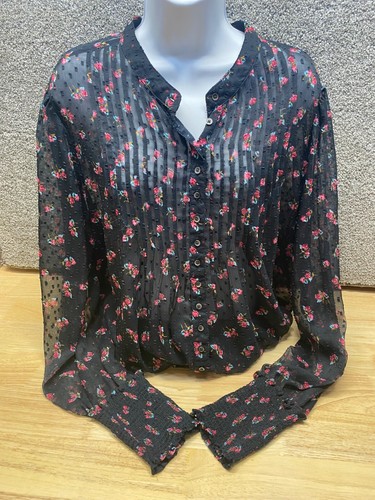 Free People Flowers in December Large Black Swiss Dot Button Up Blouse Sheer - Picture 1 of 12