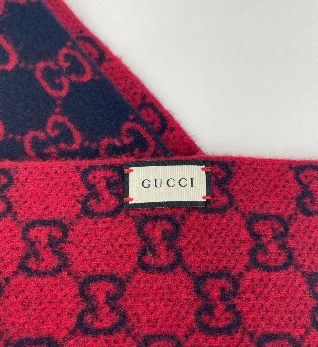 Gucci Midnight Blue Wool Red Monogram GG Long Scarf with