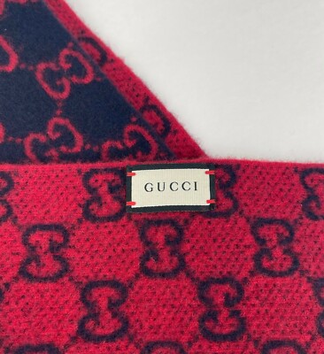 Gucci Midnight Blue Wool Red Monogram GG Long Scarf with