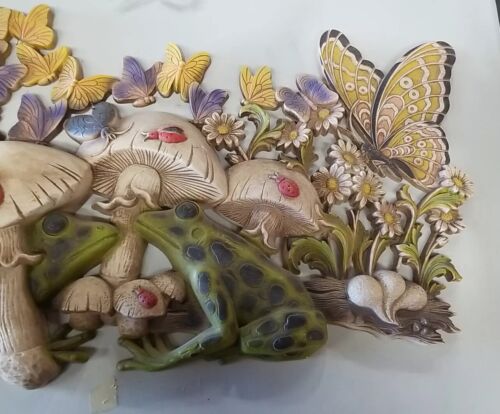 Vintage 1971 Burwood Mushrooms Frogs Butterflied Ladybugs Flowers Wall Plaque - Picture 4 of 17