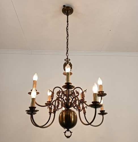 Double Flemish Dutch Chandelier Brass 10 lights Fish farmhouse barn style vintag - Picture 2 of 10