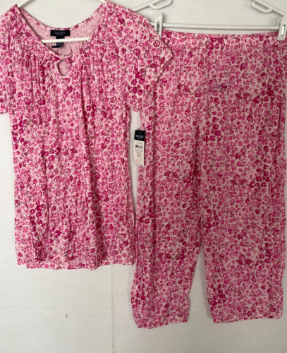 Chaps Floral Pajama Set Women's M Pink short sleeve Cropped pants knit rayon NWT
