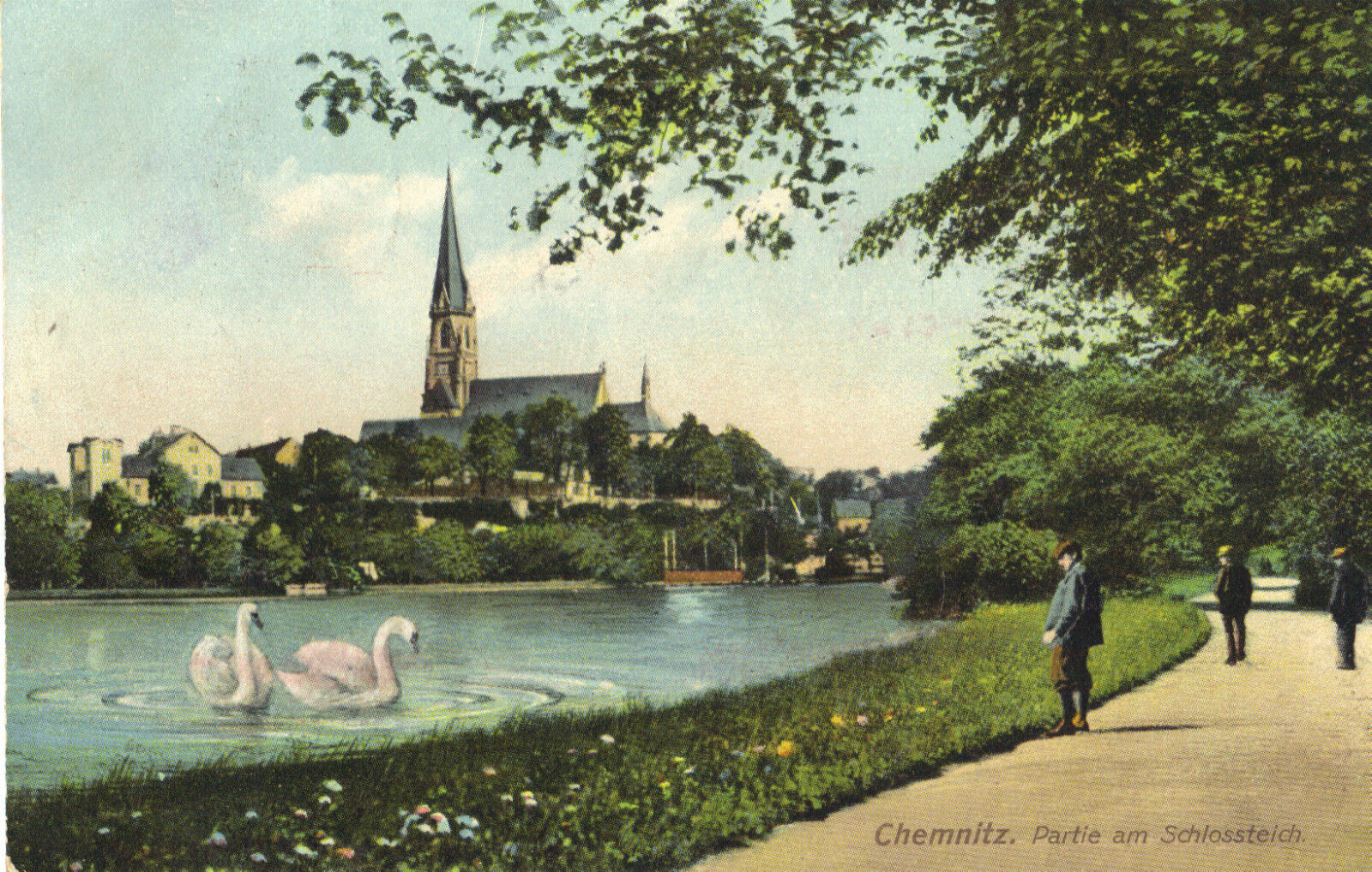 Chemnitz, Partie am Schloßteich, alte Ansichtskarte von 1908