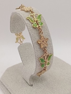 Vintage 925 Silver Filigree Bath Gold Enamel Butterfly Flower Star Bracelet 