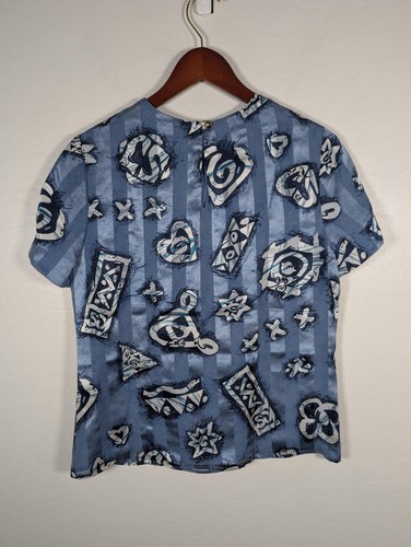 Camicia St. John donna 4 blu seta stampa astratta manica corta buco della serratura made USA - Foto 3 di 9