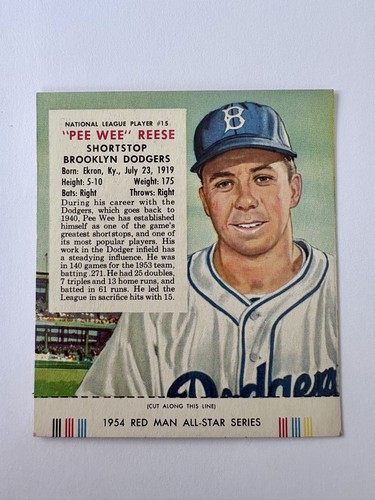1954 Red Man Tobacco Full Tab - #15 NL Pee Wee Reese with tab Brooklyn Dodgers HOF