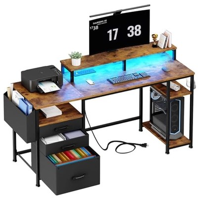  Gaming Desks with Led Lights and Power Outlets, 55 Inch Study 55'' Rustic Brown