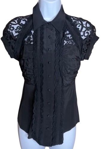 Vintage Bebe Silk Button Up Blouse w/Sheer Lace Burlesque Retro Pinup Y2K XS