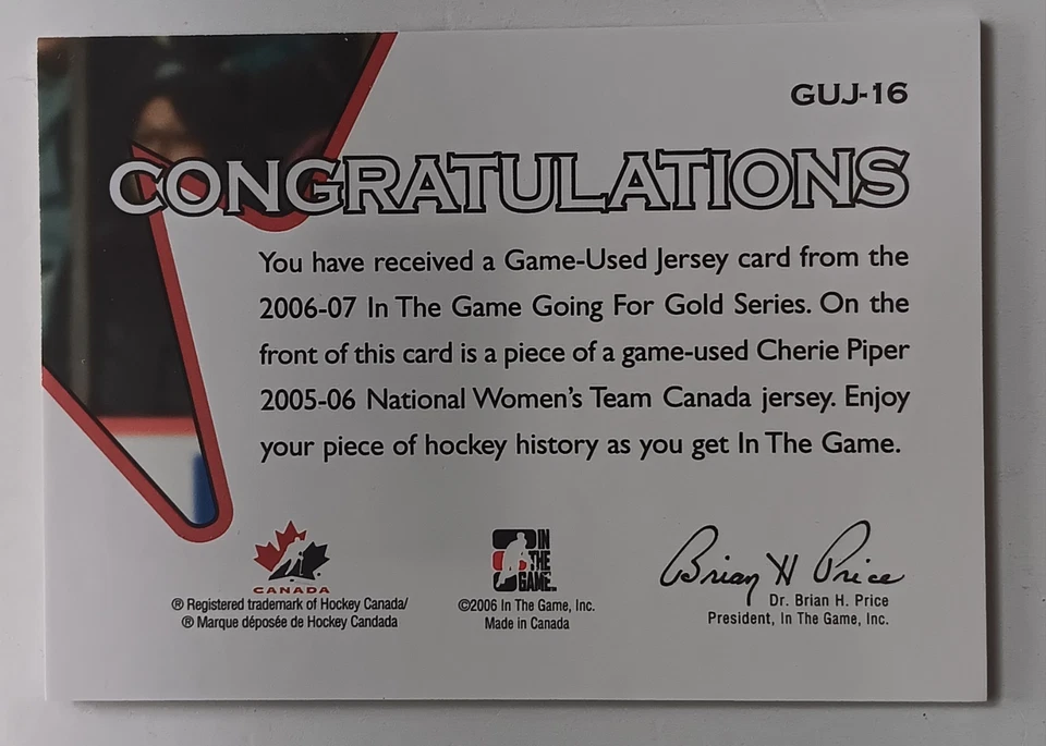 2006-07 ITG Going For The Gold Game-Used Jersey Cherie Piper Canada - Image 2 of 2