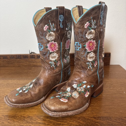 Macie Bean Girl’s Cowboy Boots 3379 Brown Floral Embroidered Leather Size 3 - Picture 2 of 11