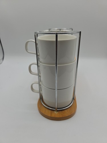 "Ceramic Coffee/Tea Cup Set with Bamboo Rack Holder and Coasters - Picture 4 of 7