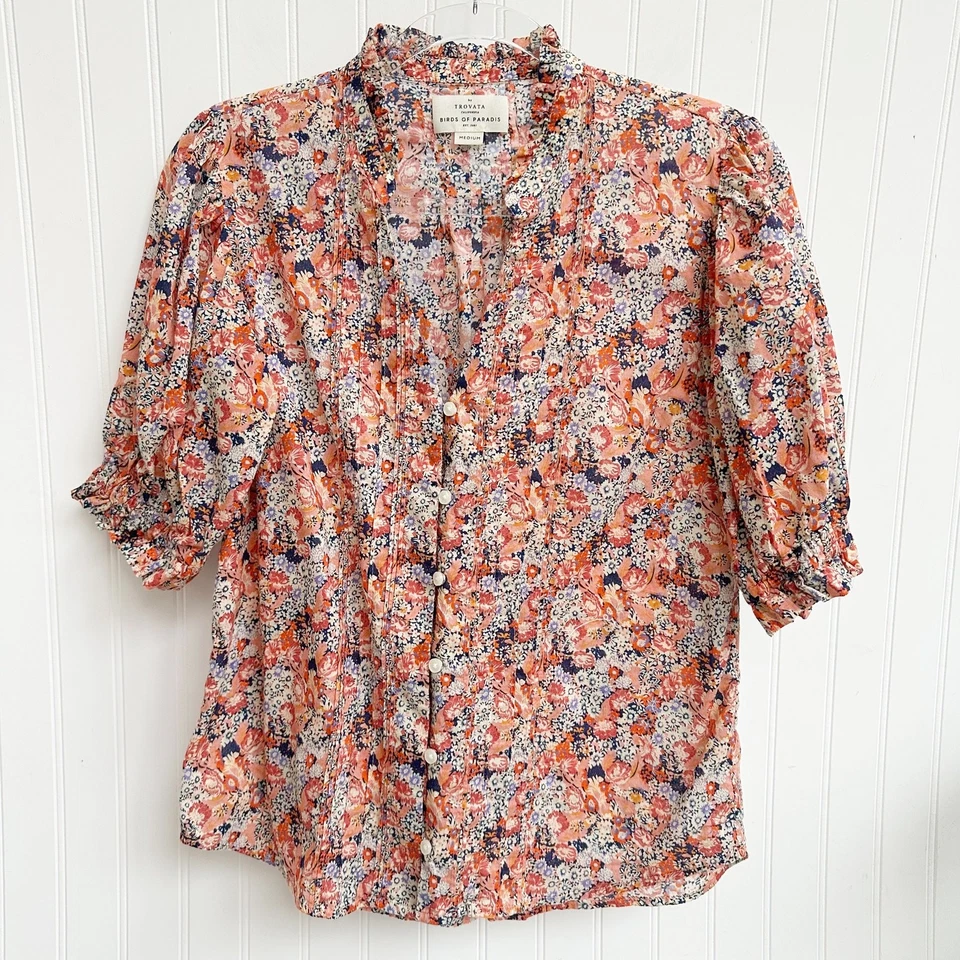 Trovata Eliza 衬衫花卉 Vino Daisies 棉丝绸荷叶领上衣 M — 第 2/4 张图片