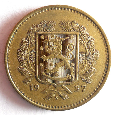1937 FINLAND 10 MARKKAA - Very Low Mintage Date Coin - FREE SHIP - Finland Bin 2
