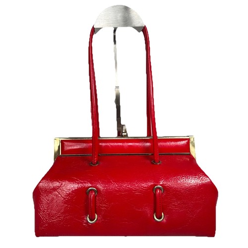 VTG 1950’s Red Vinyl Double Strap Gold Tone Hardware Handbag - Picture 2 of 9