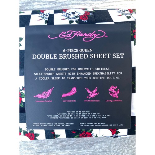 Ed Hardy Skull & Rose 6-Piece Queen Sheet Set | Gothic Tattoo Print - Picture 2 of 3