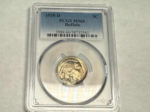 1938-D Prachtstück Stempelglanz Indian Head BUFFALO NICKEL. PCGS MS66. #rn561