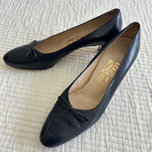 Salvatore Ferragamo Heels Navy Blue Vintage Leather Pumps Bow Detail Italian 9.5 - 第 4/10 張圖片