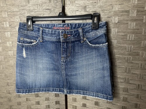 American Eagle Y2K Denim Mini Skirt Pink Rhinestone Pockets Size 0 - Picture 2 of 5