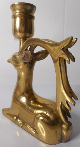 Brass Stylized Lying Reindeer Candle Holder W Match Holder Area 5 1/4" Tarnish - Picture 5 of 11