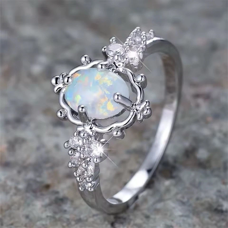 Anillo de compromiso de ópalo genuino anillo de boda de plata de ley talla 6 Foto 2 de 4