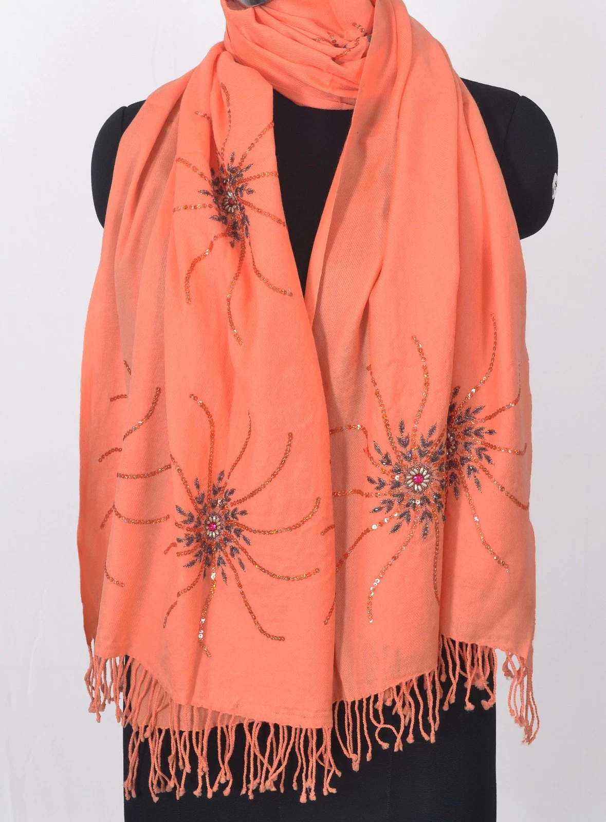 Peach Pink Hand Embroidered Scarf Beads Rhinestones Shawl 100% Cashmere Pashmina