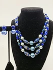 VTG 3 Strand Blue Foiled Glass Beaded Costume Jewelry Necklace & Earrings Japan