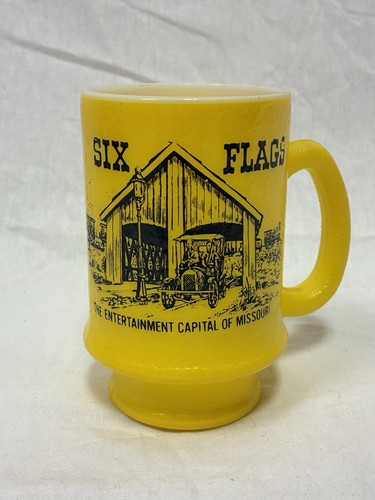 Vintage Milk Glass Pedestal Coffee Mug Souvenir Six Flags Amusement Missouri MO