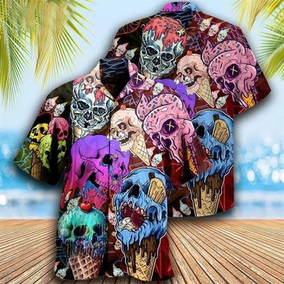 Herren Button Down Gothic Melting Skull Ice Cream Cone Gruselig Neuheit Goth Hemd