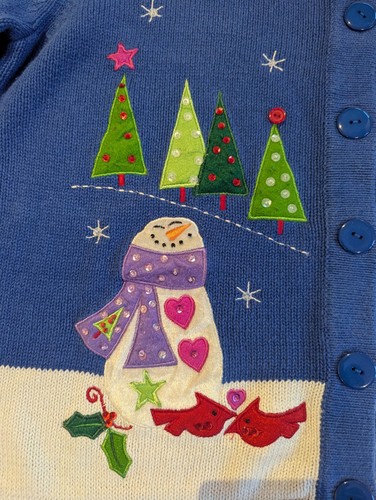 Vintage Christmas Cardigan Snowmen Ugly Sweater Blue Applique Size Medium - Picture 3 of 8