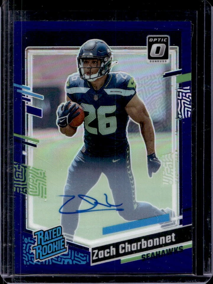 2023 Donruss Optic Zach Charbonnet Rated Rookie RPS Auto Purple RC #18/35