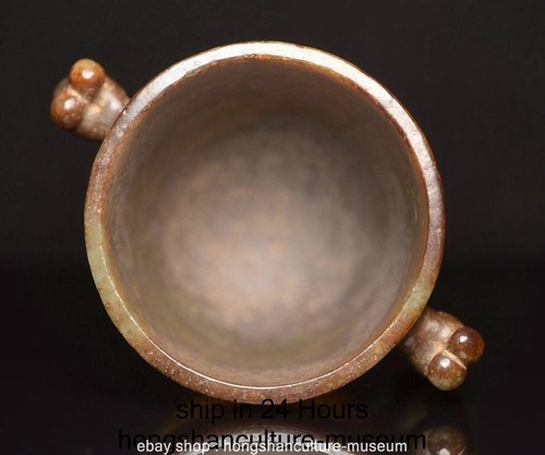 Ancienne tasse en verre à vin 4" chinoise sculpture jade naturel Hetian tendance 2 oreilles de bête