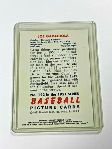 2001 BOWMAN CHROME REPRINT 16 OF 25 JOE GARAGIOLA NO.122   MINT FROM PACK - Picture 2 of 2