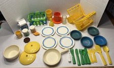 Vtg Fisher Price Fun With Food Lot: Dishes Cutlery Pan Rack Vase Basket Jars