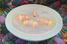 VTG. See's Candies "Easter Oval Fancy" Butterfly & Eggs Pastel Candy Box ~EMPTY