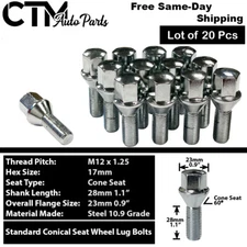 20x Chrome 12x1.25 Wheel Lug Bolts 28mm Shank Fit Fiat Peugeot Alfa Romeo & More